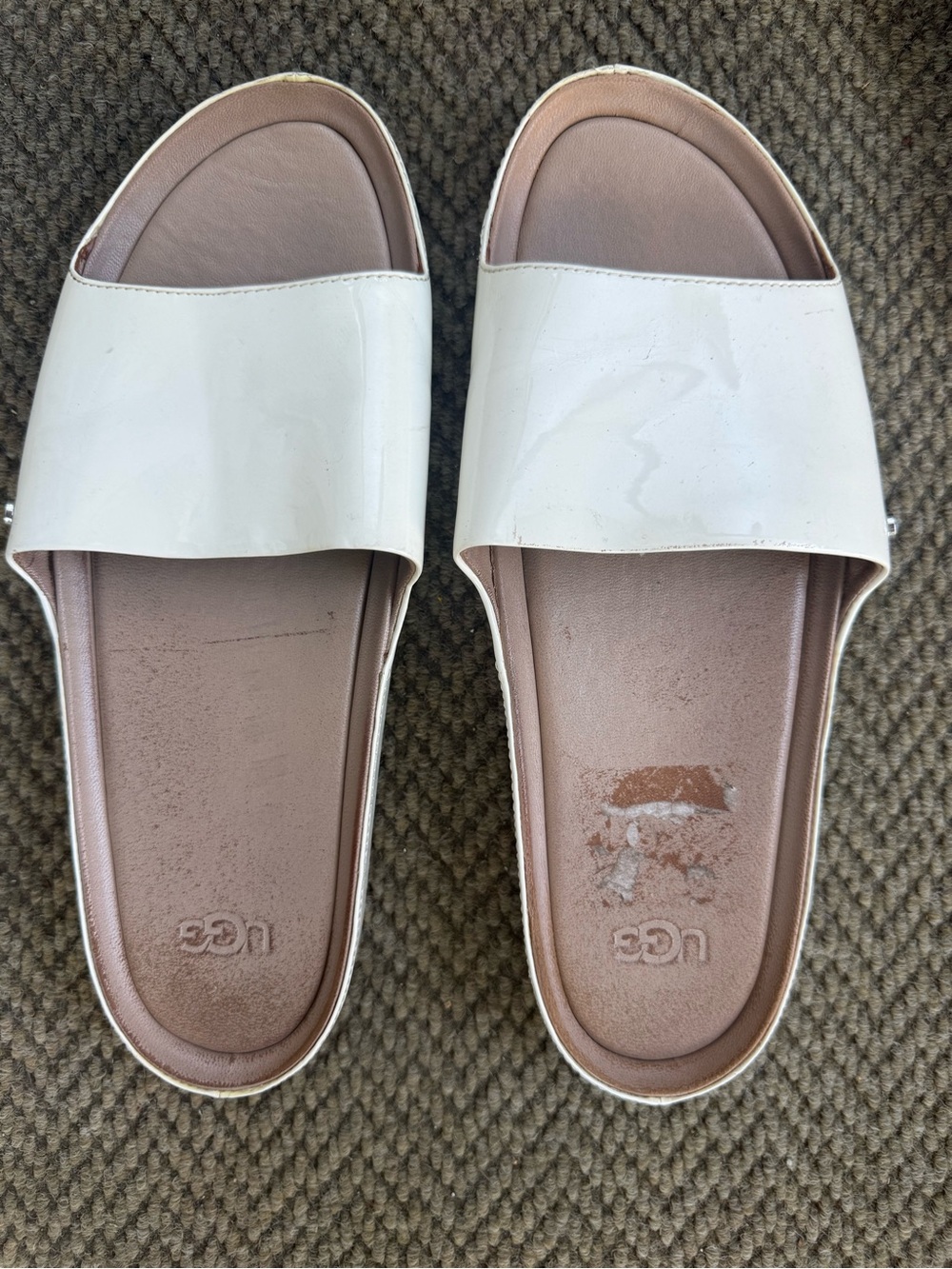 UGG White Patent Slide Sandals with Tan Footbed - Women